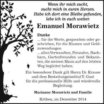 Traueranzeige von Emanuel Morawietz von WVG - Wochenspiegel Dessau / Köthen