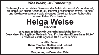 Traueranzeige von Helga Weise von Super Sonntag Wittenberg