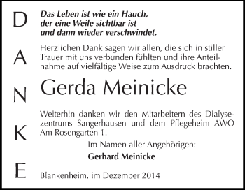 Traueranzeige von Gerda Meinicke von Super Sonntag SGH Mansf. Land