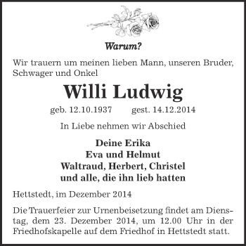 Traueranzeige von Willi Ludwig von Wochenspiegel Mansfelder Land