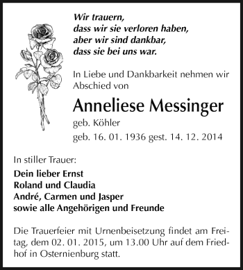 Traueranzeige von Anneliese Messinger von WVG - Wochenspiegel Dessau / Köthen