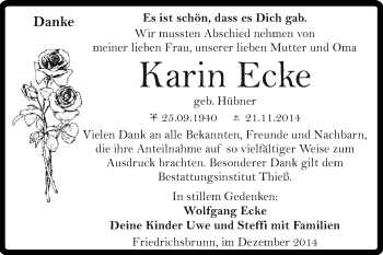 Traueranzeige von Karin Ecke von Super Sonntag Quedlinburg