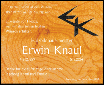 Traueranzeige von Erwin Knaul von Super Sonntag Bernburg