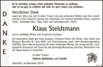 Traueranzeige von Klaus Steidtmann von Super Sonntag Zeitz