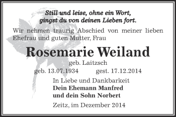 Traueranzeige von Rosemarie Weiland von Super Sonntag Zeitz