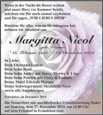 Traueranzeige von Margitta Nicol von WVG - Wochenspiegel Quedlinburg
