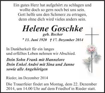 Traueranzeige von Helene Goschke von WVG - Wochenspiegel Quedlinburg