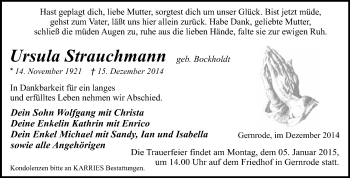Traueranzeige von Ursula Strauchmann von WVG - Wochenspiegel Quedlinburg