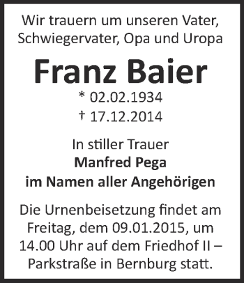 Traueranzeige von Franz Baier von Super Sonntag Bernburg