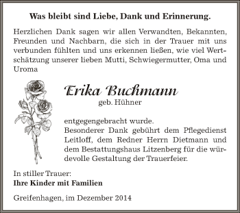 Traueranzeige von Erika Buchmann von Super Sonntag SGH Mansf. Land