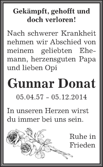Traueranzeige von Gunnar Donat von Super Sonntag Bernburg