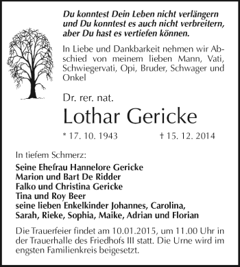 Traueranzeige von Lothar Gericke von WVG - Wochenspiegel Dessau / Köthen