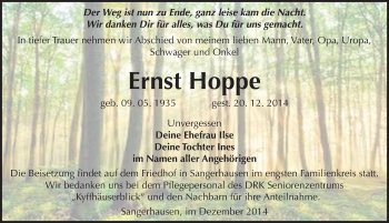Traueranzeige von Ernst Hoppe von Mitteldeutsche Zeitung Sangerhausen
