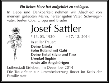 Traueranzeige von Josef Sattler von Mitteldeutsche Zeitung Mansfelder Land