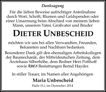 Traueranzeige von Dieter Unbescheid von Mitteldeutsche Zeitung Halle/Saalkreis