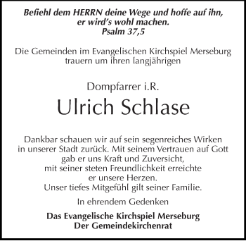 Traueranzeige von Ulrich Schlase von Mitteldeutsche Zeitung Merseburg/Querfurt