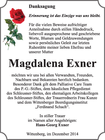 Traueranzeige von Magdalena Exner von WVG - Wochenspiegel Wittenberg