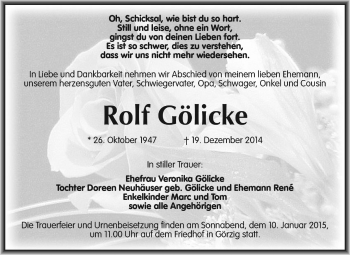 Traueranzeige von Rolf Gölicke von WVG - Wochenspiegel Dessau / Köthen