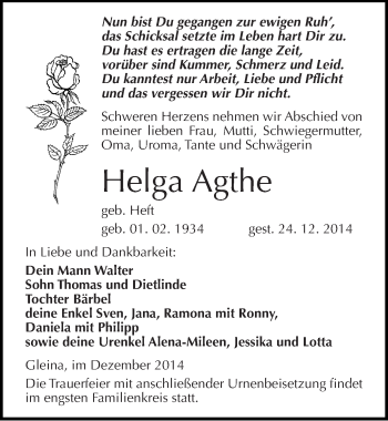 Traueranzeige von Helga Agthe von Mitteldeutsche Zeitung Naumburg/Nebra