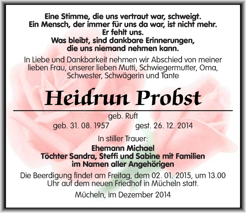  Traueranzeige für Heidrun Probst vom 31.12.2014 aus Mitteldeutsche Zeitung Merseburg/Querfurt