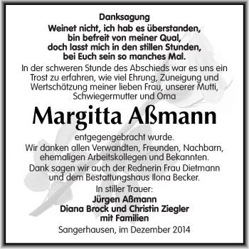 Traueranzeige von Margitta Aßmann von Super Sonntag SGH Mansf. Land