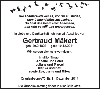 Traueranzeige von Gertraud Mäkert von WVG - Wochenspiegel Wittenberg