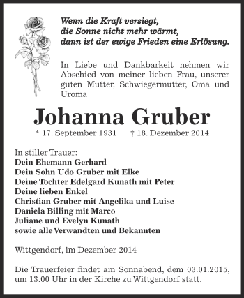 Traueranzeige von Johanna Gruber von Super Sonntag Zeitz