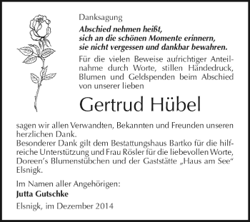 Traueranzeige von Gertrud Hübel von WVG - Wochenspiegel Dessau / Köthen