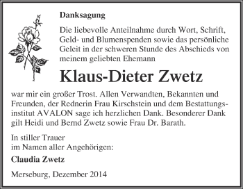 Traueranzeige von Klaus-Dieter Zwetz von WVG - Wochenspiegel Merseburg