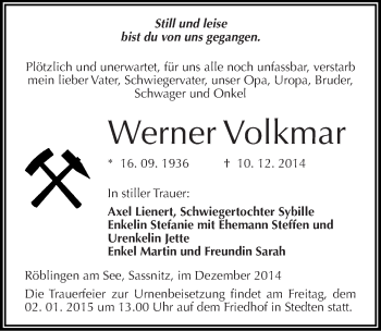 Traueranzeige von Werner Volkmar von Mitteldeutsche Zeitung Mansfelder Land