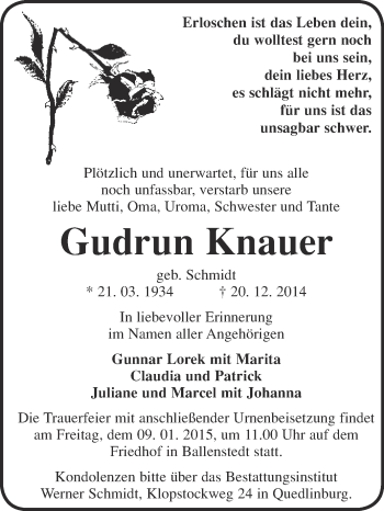 Traueranzeige von Gudrun Knauer von WVG - Wochenspiegel Quedlinburg