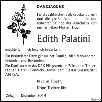 Traueranzeige von Edith Palatini von Super Sonntag Zeitz