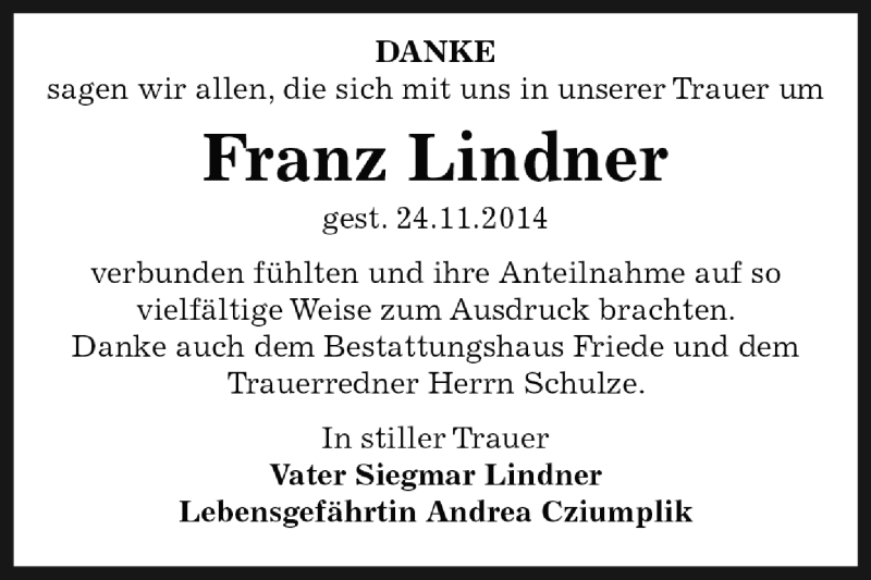  Traueranzeige für Franz Lindner vom 28.12.2014 aus WVG - Wochenspiegel Dessau / Köthen