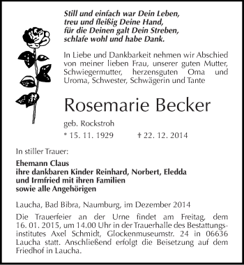 Traueranzeige von Rosemarie Becker von Mitteldeutsche Zeitung Naumburg/Nebra