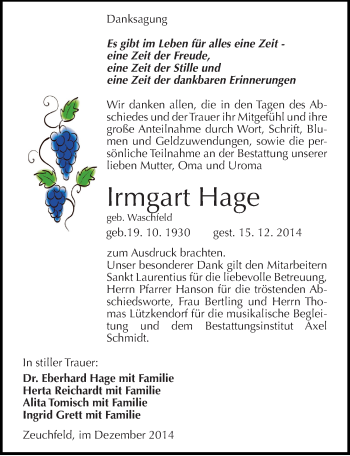Traueranzeige von Irmgart Hage von Mitteldeutsche Zeitung Naumburg/Nebra