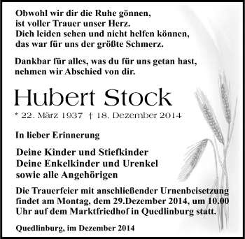 Traueranzeige von Hubert Stock von Mitteldeutsche Zeitung Quedlinburg