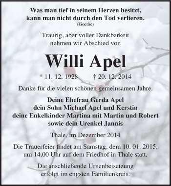 Traueranzeige von Willi Apel von Mitteldeutsche Zeitung Quedlinburg