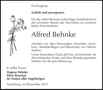 Traueranzeige von Alfred Behnke von Mitteldeutsche Zeitung Naumburg/Nebra