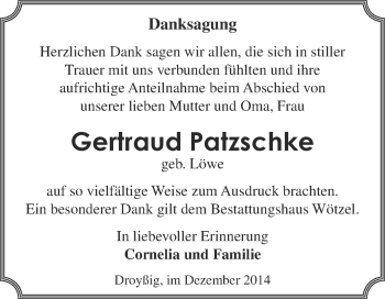 Traueranzeige von Gertraud Patzschke von Super Sonntag Zeitz