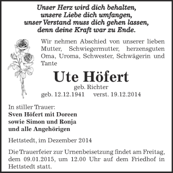 Traueranzeige von Ute Höfert von Super Sonntag SGH Mansf. Land