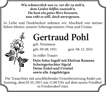 Traueranzeige von Gertraud Pohl von Mitteldeutsche Zeitung Bitterfeld