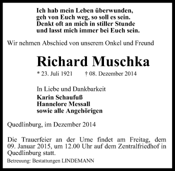 Traueranzeige von Richard Muschka von Mitteldeutsche Zeitung Quedlinburg