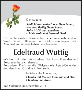 Traueranzeige von Edeltraud Wuttig von Mitteldeutsche Zeitung Quedlinburg