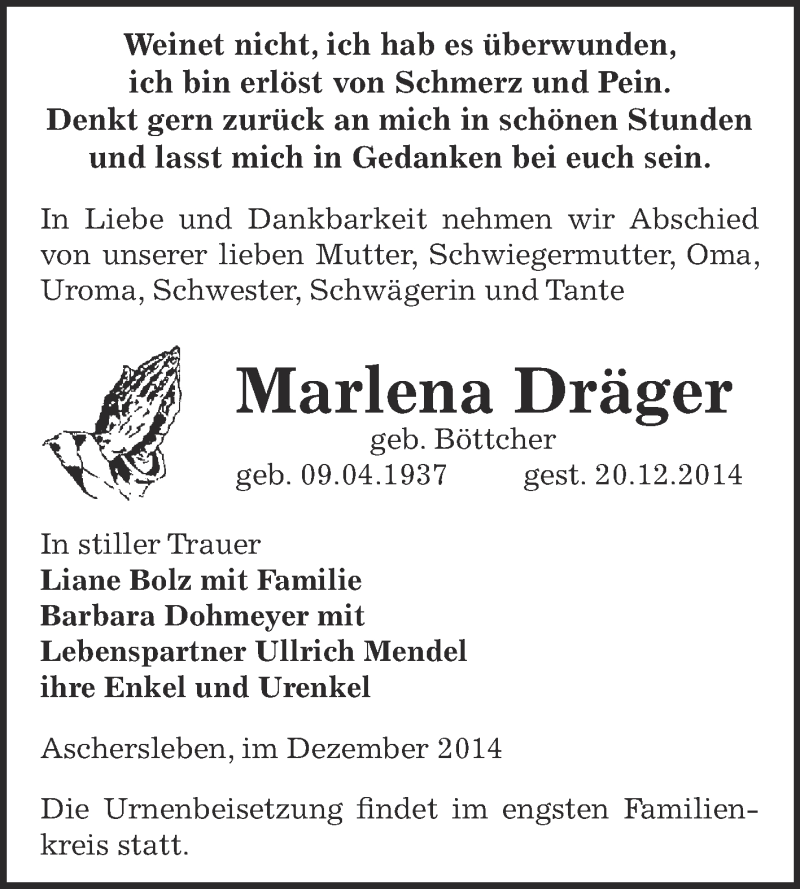  Traueranzeige für Marlena Dräger vom 31.12.2014 aus WVG - Wochenspiegel Aschersleben