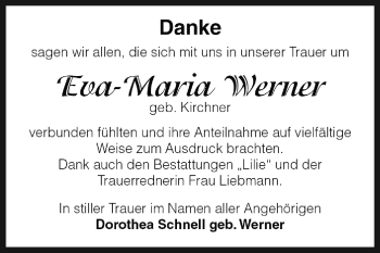 Traueranzeige von Eva-Maria Werner von WVG - Wochenspiegel Dessau / Köthen