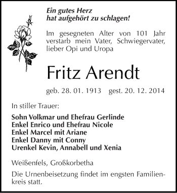 Traueranzeige von Fritz Arendt von Mitteldeutsche Zeitung Weißenfels
