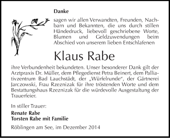 Traueranzeige von Klaus Rabe von Mitteldeutsche Zeitung Mansfelder Land