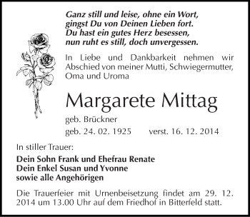 Traueranzeige von Margarete Mittag von Mitteldeutsche Zeitung Bitterfeld
