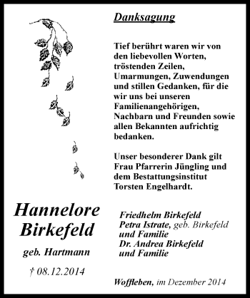 Traueranzeige von Hannelore Birkenfeld von Mitteldeutsche Zeitung Sangerhausen