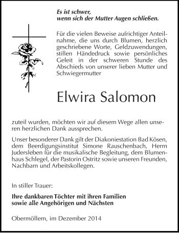 Traueranzeige von Elwira Salomon von Mitteldeutsche Zeitung Naumburg/Nebra